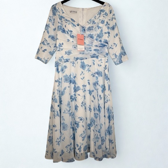 JJ's House A-Line Pleated Chiffon Dress Size US 10 -Anahita White/Blue Floral - Picture 4 of 10